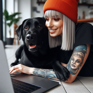 Eine Frau liegt mit ihrem Hund vor dem Laptop