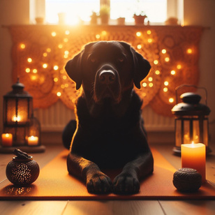 Schwarzer Hund beim entspannen mit Kerzen