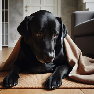 Schwarzer Hund mit einer Decke zugedeckt